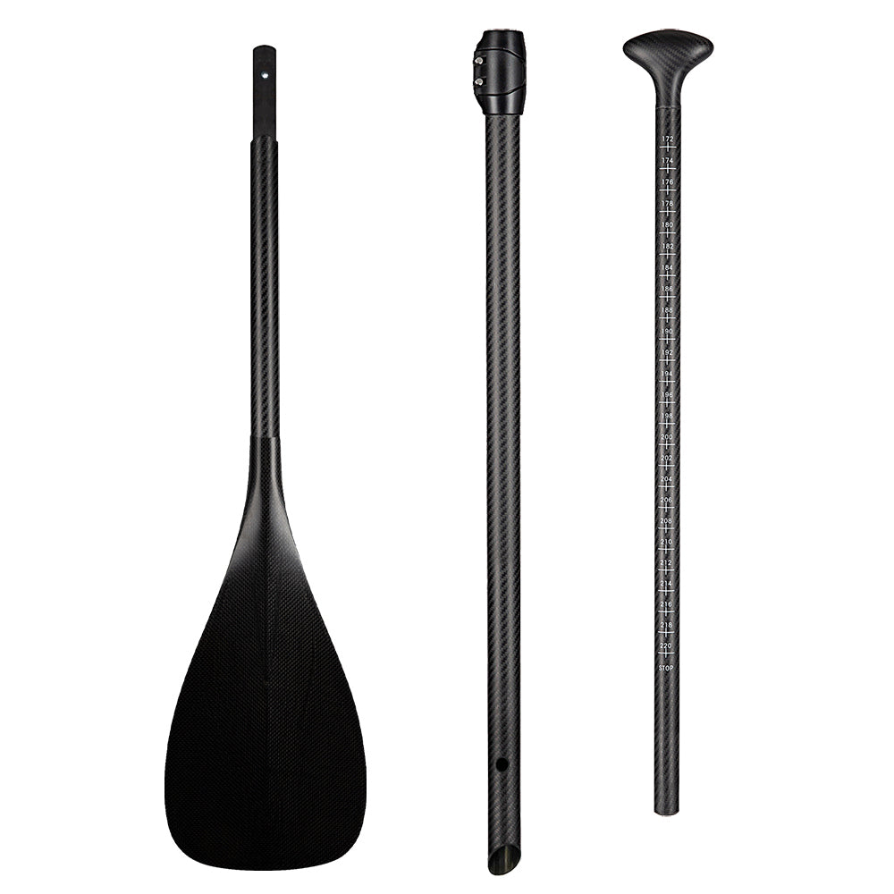 The ZJ SPORT ZJ 3-Piece Adjustable SUP Paddle Wave TG Model features a wide, flat blade, an adjustable shaft with measurement markings for length customization, and a grip handle. All parts are black with a textured finish crafted through a hand laying-up process.