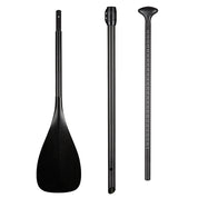 The ZJ SPORT ZJ 3-Piece Adjustable SUP Paddle Wave TG Model features a wide, flat blade, an adjustable shaft with measurement markings for length customization, and a grip handle. All parts are black with a textured finish crafted through a hand laying-up process.