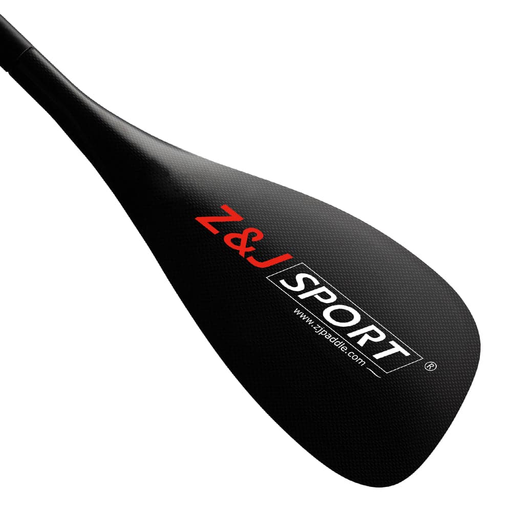 The ZJ 3-Piece Adjustable SUP Paddle Wave TG Model by ZJ SPORT features a black blade with a vibrant red and white logo, showcasing a carbon fiber texture. Crafted through hand laying-up, the design ensures durability and lightness in an adjustable paddle.