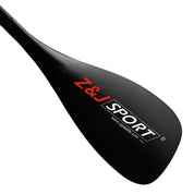 The ZJ 3-Piece Adjustable SUP Paddle Wave TG Model by ZJ SPORT features a black blade with a vibrant red and white logo, showcasing a carbon fiber texture. Crafted through hand laying-up, the design ensures durability and lightness in an adjustable paddle.