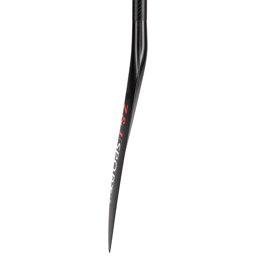 A close-up of the sleek, black ZJ 3-Piece Adjustable SUP Paddle Wave TG Model by ZJ SPORT showcases a meticulous hand laying-up process. The text ZJ SPORT and the numeral 7 in red and white highlight its athletic design.