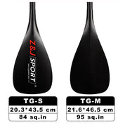 The black paddles from the ZJ 3-Piece Adjustable SUP Paddle Wave TG Model feature ZJ SPORT branding. The left, model TG-S, is 20.3 x 43.5 cm (84 sq.in), and the right, model TG-M, is 21.6 x 46.5 cm (95 sq.in.), crafted using the hand laying-up process for precision and quality.