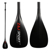 The ZJ 3-Piece Adjustable SUP Paddle Wave TG model from ZJ SPORT features a black blade with the ZJ Sport logo in red and white, crafted from premium carbon fiber through a precise hand laying-up process. Full and close-up images highlight its adjustable paddle ideal for water sports enthusiasts.