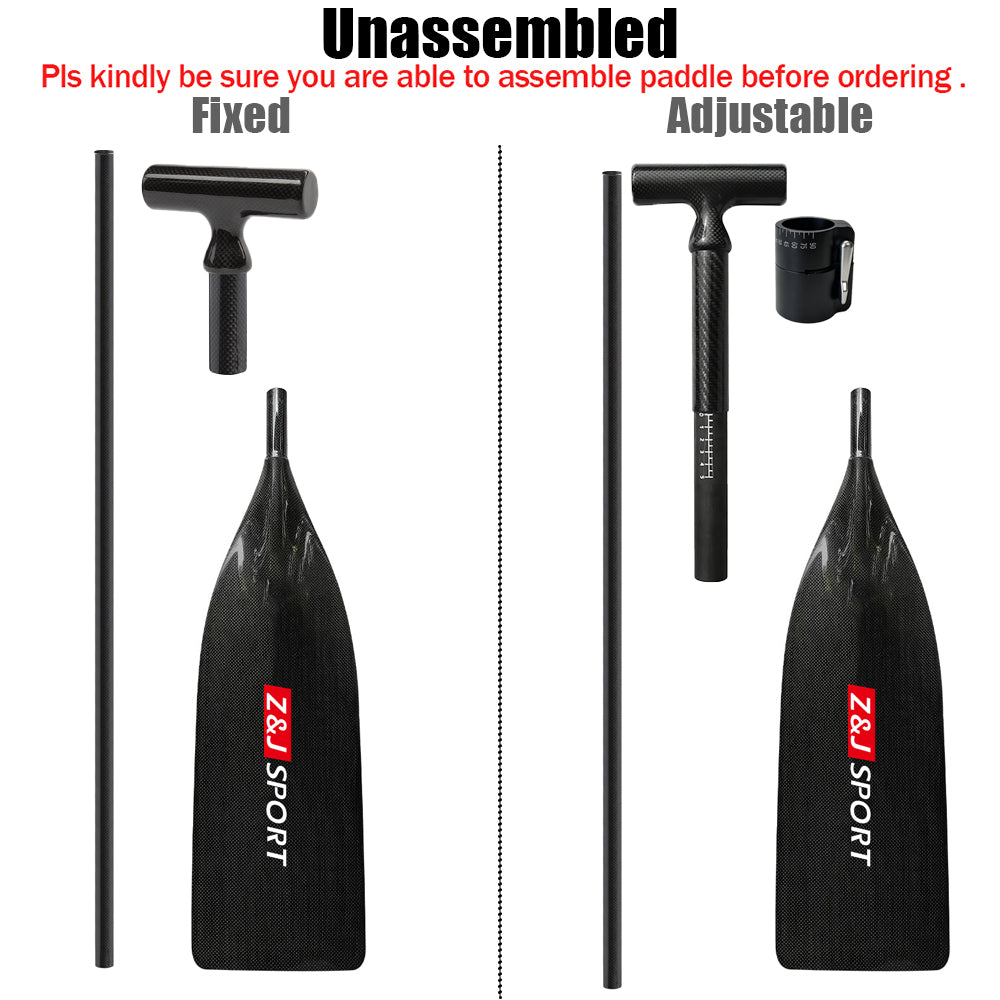Image of the unassembled ZJ Full Carbon Fiber Flatwater Canoe Paddle includes two blades, shafts, and handles (standard and adjustable with aluminum adjuster) under the ZJ SPORT brand. Ideal as a versatile canoe paddle; verify assembly ability before purchasing.