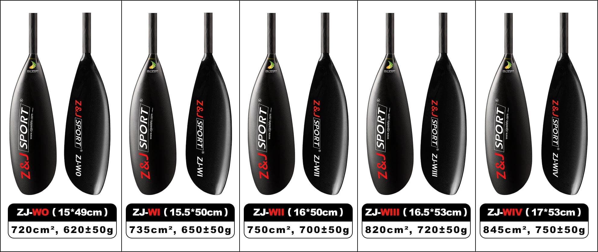 Image of six black ZJ SPORT W Series kayak paddles with carbon wing blades (ZJ-W0 to ZJ-WIV): sizes 720-845 cm², lengths 49-53 cm, weights 620-750 g. Ideal for mastering kayaking strokes.