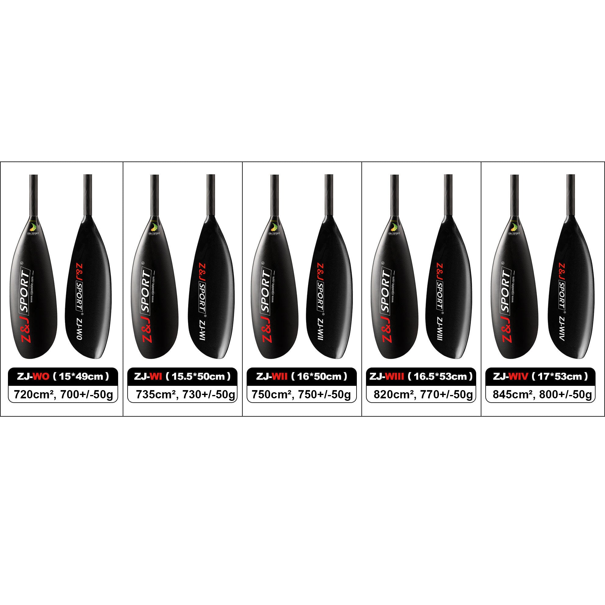 ZJ SPORT offers the W Series Carbon Fiber Kayak Surfski Paddles, featuring a precise wing blade design and sleek matte finish. This collection includes models ZJ-W0, ZJ-WI, ZJ-WII, ZJ-WIII, ZJ-WIV, each with varying blade sizes and weights for enhanced performance.