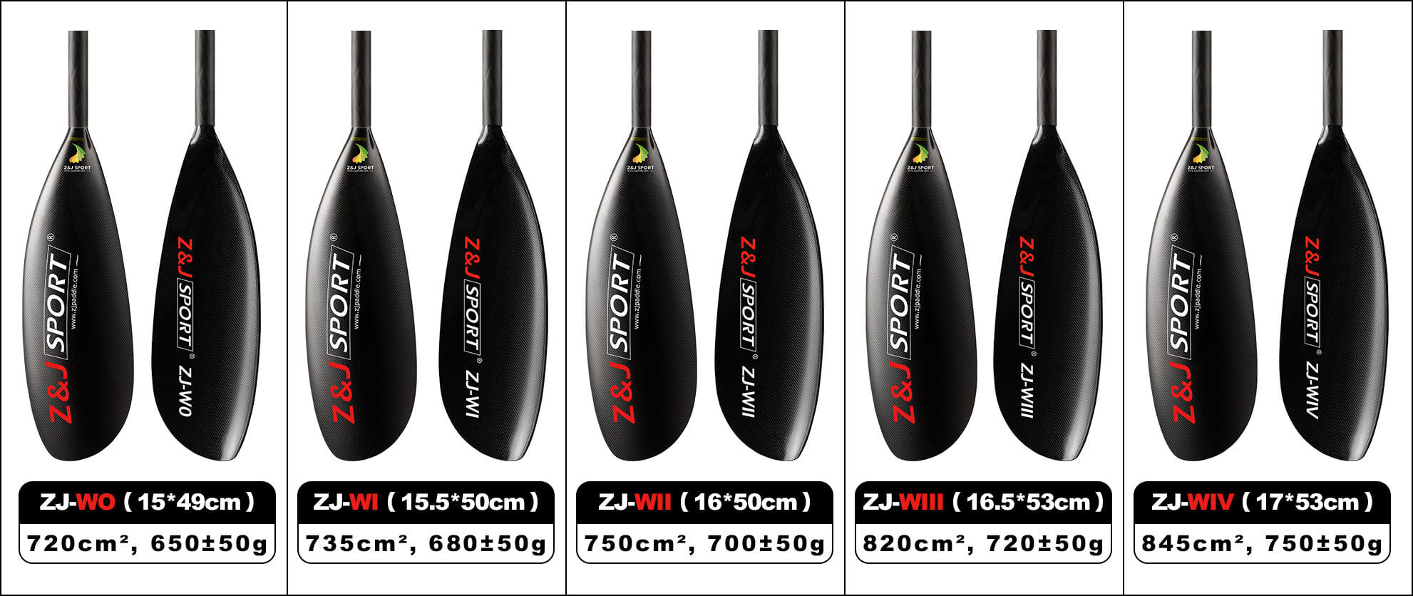ZJ SPORT offers the W Series Carbon Fiber Kayak Surfski Paddles, featuring a precise wing blade design and sleek matte finish. This collection includes models ZJ-W0, ZJ-WI, ZJ-WII, ZJ-WIII, ZJ-WIV, each with varying blade sizes and weights for enhanced performance.