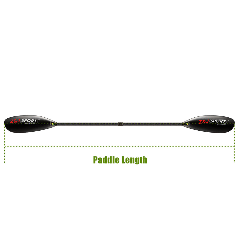 The ZJ SPORT W Series Carbon Fiber Kayak Surfski Paddle features sleek black blades and a central shaft, displayed horizontally. It is enhanced with carbon fiber strength and labeled Paddle Length in green text below.