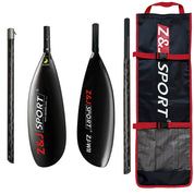 The ZJ 4 Piece Carbon Fiber Kayak Surfski Paddle, in black and red, showcases a sleek wing blade design. It includes two blades, an oval shaft, and a carrying bag with red trim featuring the brand logo.