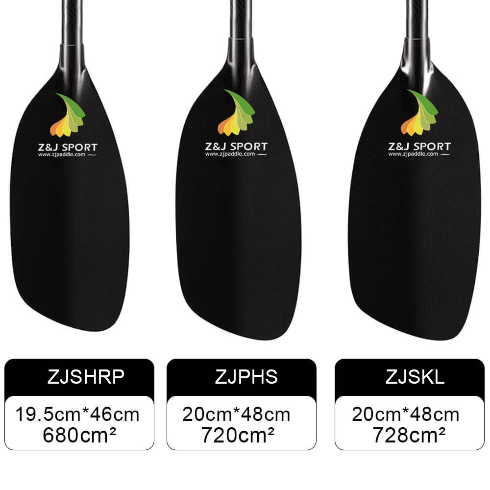 The image displays three black kayak paddle blades by ZJ SPORT, each with a yellow-green logo. Made using PMI foam core and carbon fiber blade technology, models ZJSHRP, ZJPHS, and ZJSKL are part of the ZJ Classic Full Carbon Whitewater Paddle With Straight Shaft, perfect for whitewater paddling.