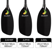 The image displays three black kayak paddle blades by ZJ SPORT, each with a yellow-green logo. Made using PMI foam core and carbon fiber blade technology, models ZJSHRP, ZJPHS, and ZJSKL are part of the ZJ Classic Full Carbon Whitewater Paddle With Straight Shaft, perfect for whitewater paddling.
