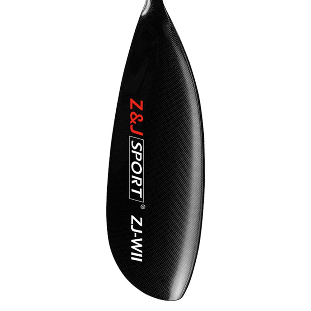 Close-up of a black carbon fiber paddle blade featuring ZJ SPORT in red and white, part of the ZJ Separate Blade With Oval Spigot For Kayak Paddle W Series—ideal for mastering kayaking strokes.