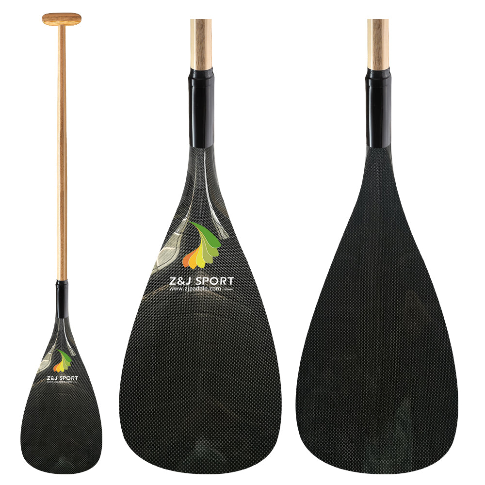 The ZJ SPORT ZJ Hybrid Outrigger Canoe Paddle features a handcrafted wood shaft and a C-W carbon blade with a logo and leaf design, shown in side, front, and back views.