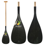 The ZJ SPORT ZJ Hybrid Outrigger Canoe Paddle features a handcrafted wood shaft and a C-W carbon blade with a logo and leaf design, shown in side, front, and back views.