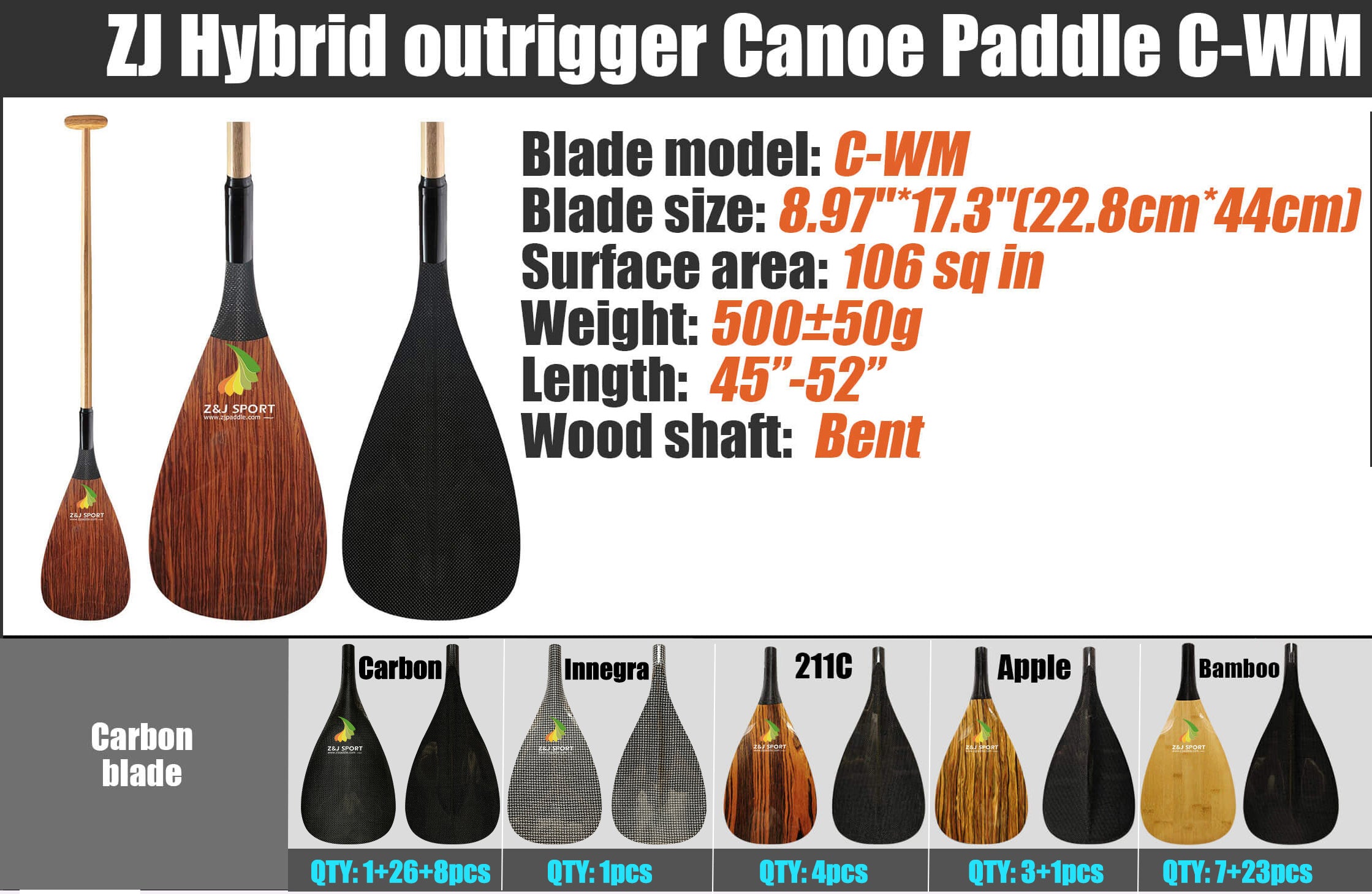 Pagaia per canoa ZJ Hybrid Outrigger con lama in carbonio e albero superiore in legno piegato