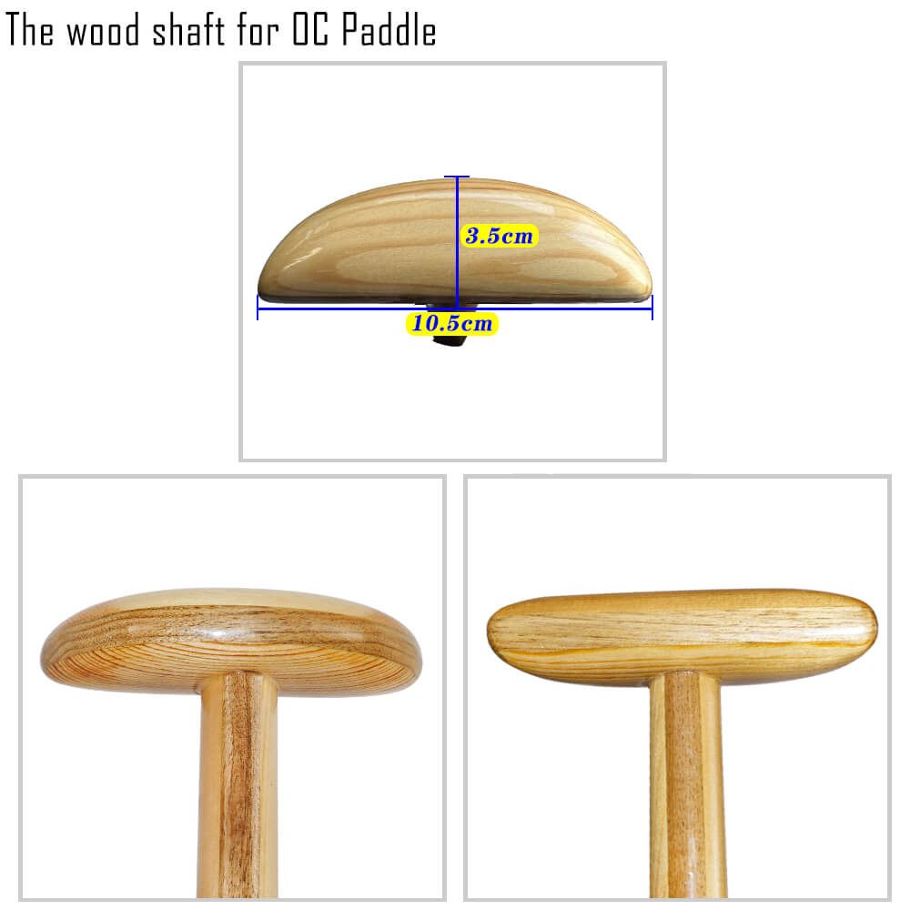 The images display wooden grips of ZJ SPORTs ZJ Hybrid Outrigger Canoe VAA Paddle, featuring a width of 3.5 cm and length of 10.5 cm. The smooth wood grain and ergonomic T-handle design enhance comfort and performance for waka ama paddling.