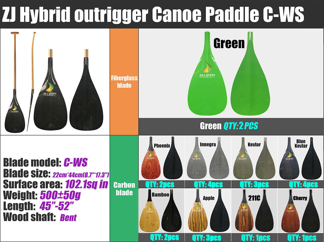 Pagaie de canoë à stabilisateur hybride ZJ avec lame en carbone et manche en bois courbé supérieur