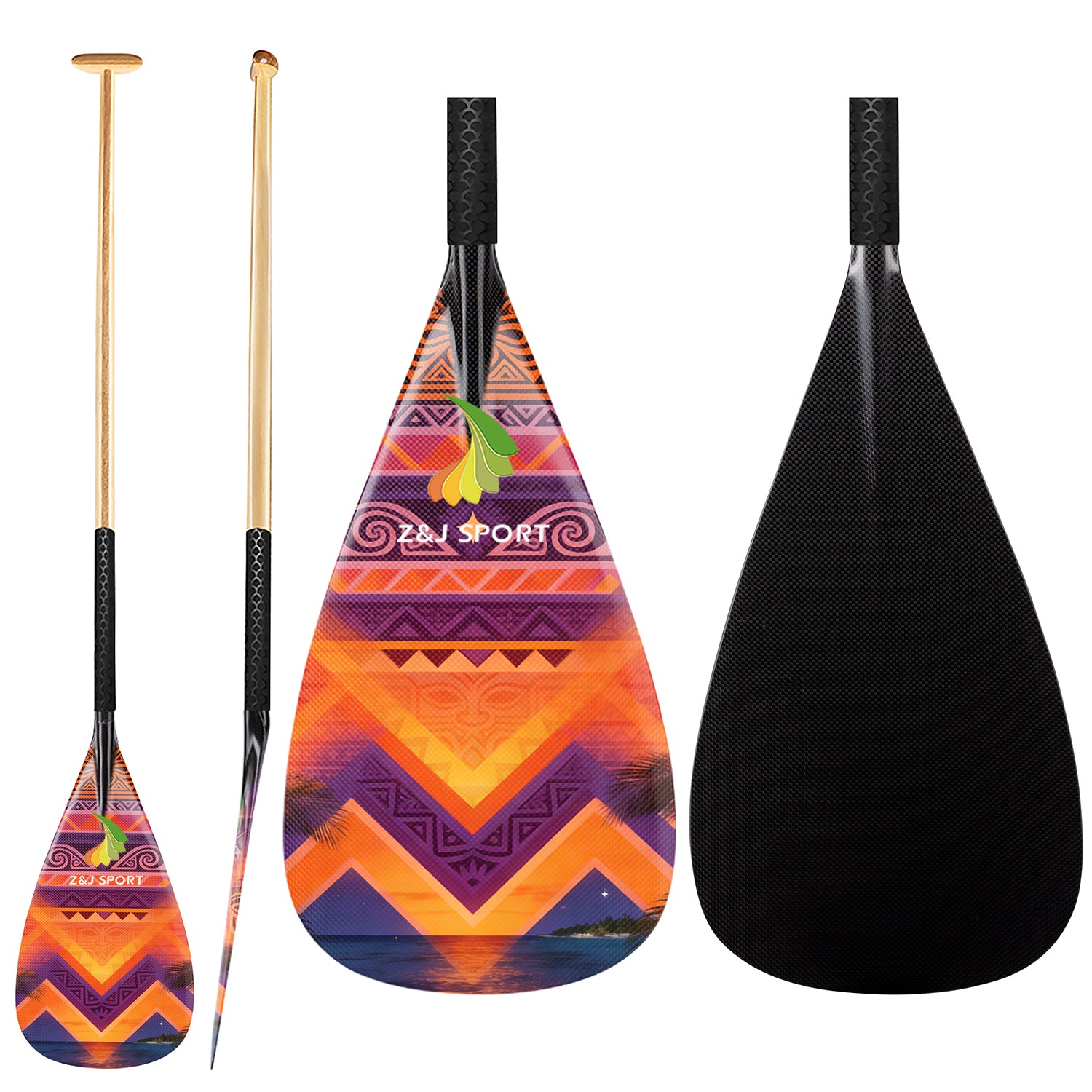 ZJ Hybrid VA'A Outrigger Canoe Paddle With Graphic on Carbon Blade With Anti Skid Grip