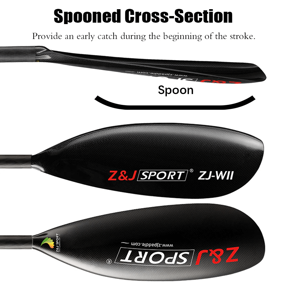 A close-up of the ZJ SPORT ZJ W Series carbon fiber kayak paddle with a wing blade design, highlighting its early catch advantage. Features oval shaft and matte finish.