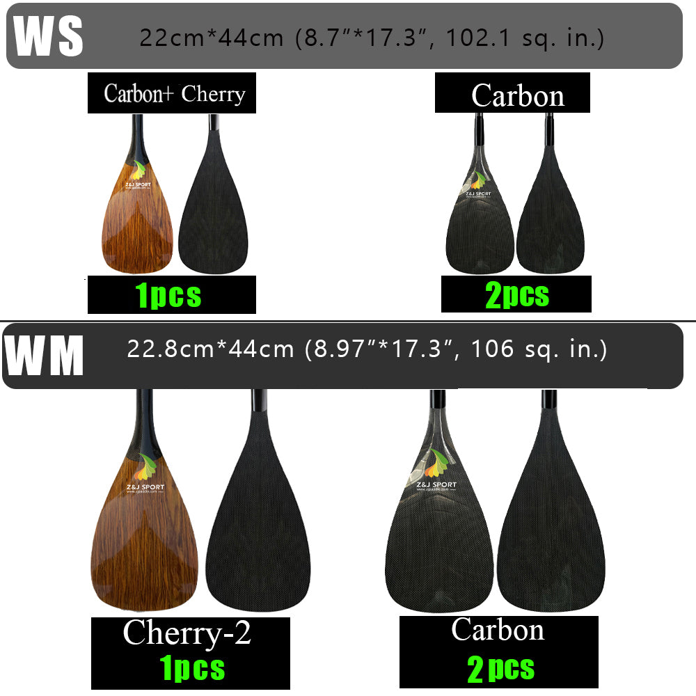 The ZJ Hybrid Outrigger Canoe Paddle features two WS models (Carbon+ Cherry, Carbon) and two WM models (Cherry-2, Carbon), measuring about 22-23 cm by 44 cm. Some showcase a handcrafted wood shaft with a carbon blade. Each image displays quantities of 1 or 2 pieces below.