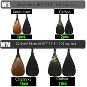 The ZJ Hybrid Outrigger Canoe Paddle features two WS models (Carbon+ Cherry, Carbon) and two WM models (Cherry-2, Carbon), measuring about 22-23 cm by 44 cm. Some showcase a handcrafted wood shaft with a carbon blade. Each image displays quantities of 1 or 2 pieces below.