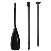 The ZJ SPORT Race X Model, a black 3-piece carbon fiber SUP paddle, features a reinforced blade edge, adjustable length shaft with measurement markings, and handle. Designed for optimal water sports performance.