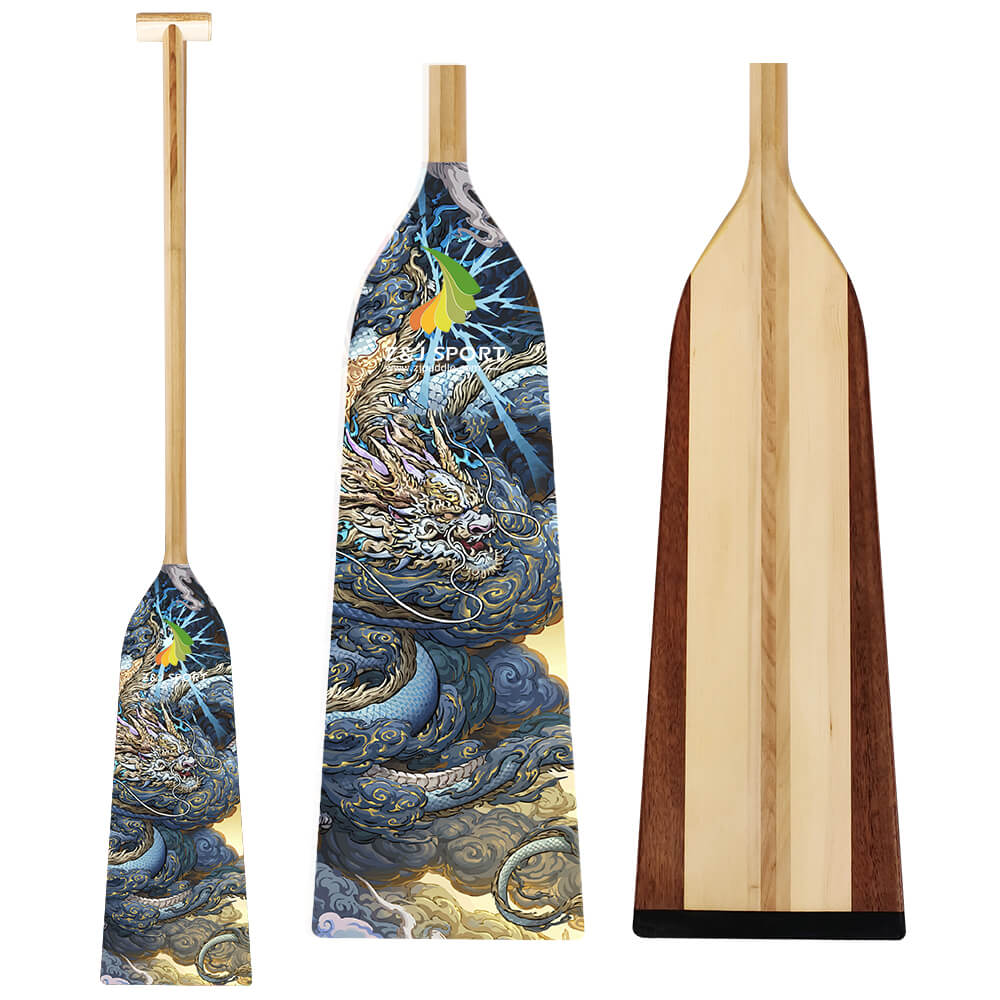 The ZJ SPORT ZJ IDBF Approved Wooden Dragon Boat Paddle With Fiberglass Reinforcement (WDP) features three handmade paddles with intricate dragon designs on the blades, a plain wood texture on one back, and colorful swirling dragon scenes reinforced for durability and strength.