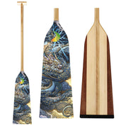The ZJ SPORT ZJ IDBF Approved Wooden Dragon Boat Paddle With Fiberglass Reinforcement (WDP) features three handmade paddles with intricate dragon designs on the blades, a plain wood texture on one back, and colorful swirling dragon scenes reinforced for durability and strength.