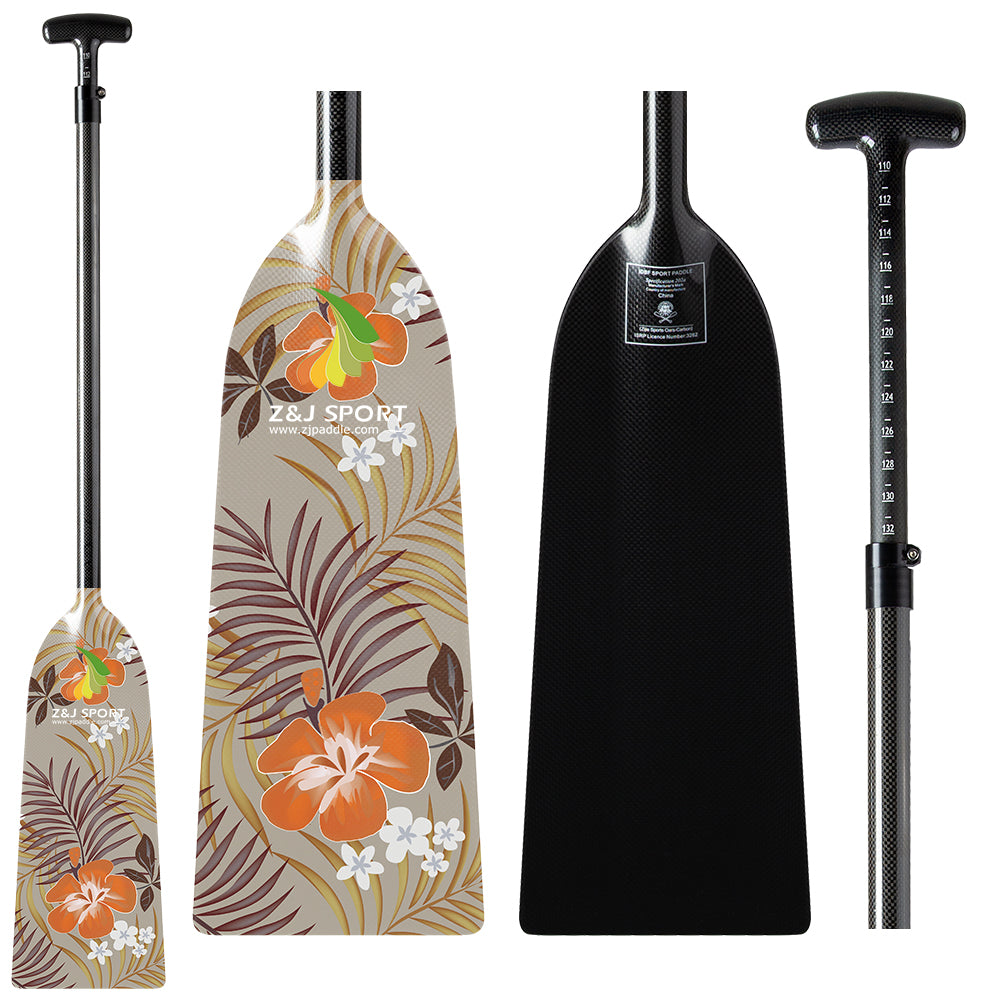 Displayed are two paddles. One is a ZJ Special Offer IDBF Approved Carbon Dragon Boat Paddle by ZJ SPORT, featuring a floral design with orange and white flowers. The other paddle is solid black with an adjustable handle. Both have T-shaped grips and sleek, curved blades.