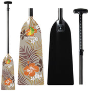 Displayed are two paddles. One is a ZJ Special Offer IDBF Approved Carbon Dragon Boat Paddle by ZJ SPORT, featuring a floral design with orange and white flowers. The other paddle is solid black with an adjustable handle. Both have T-shaped grips and sleek, curved blades.