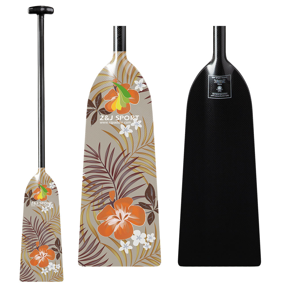 The ZJ SPORT Special Offer IDBF Approved Carbon Dragon Boat Paddle Graphic Blade features a floral design with orange and white flowers and green leaves. ZJ SPORT is elegantly printed on the front, while the back remains plain black.