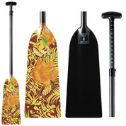 The ZJ SPORT ZJ Special Offer IDBF Approved Carbon Dragon Boat Paddle includes a four-piece vibrant kayak paddle set featuring an adjustable blade with a yellow and orange floral pattern, a plain black back, and measurement-marked carbon fiber handle and shaft for precision.