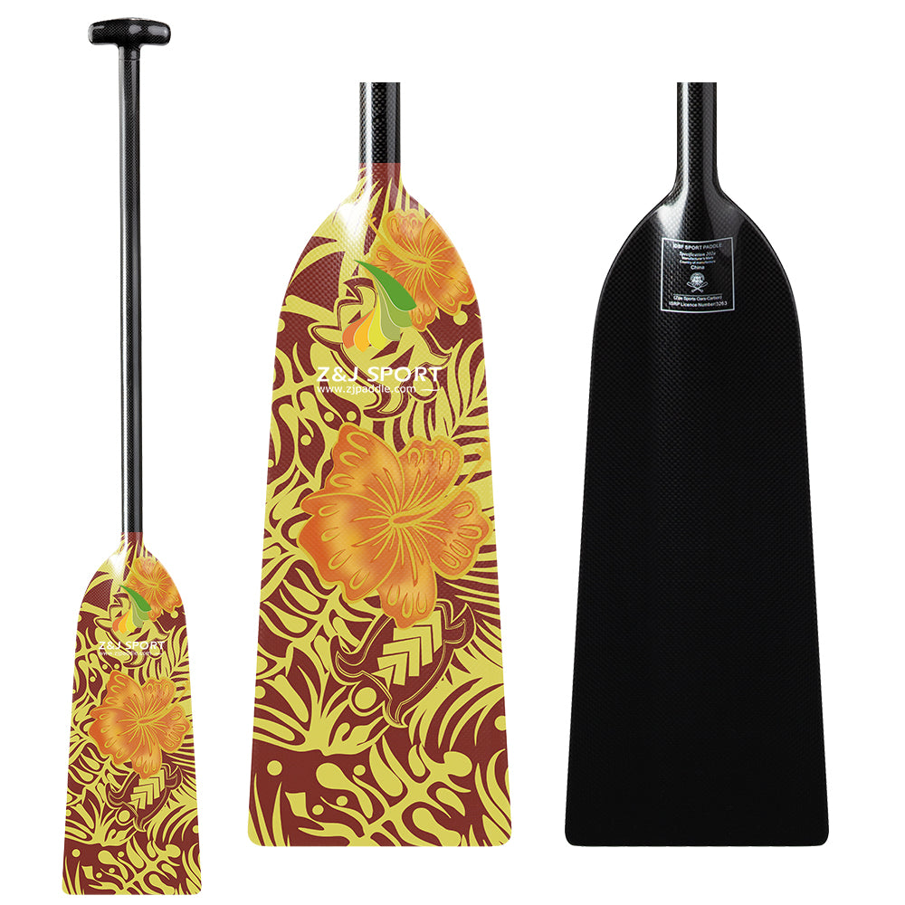 Three canoe paddles are displayed: two with yellow and brown floral designs branded as ZENSPORT and a third sleek carbon fiber paddle, the ZJ Special Offer IDBF Approved Carbon Dragon Boat Paddle Graphic Blade, by ZJ SPORT, featuring a black design with a metallic logo near the top.