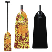 Three canoe paddles are displayed: two with yellow and brown floral designs branded as ZENSPORT and a third sleek carbon fiber paddle, the ZJ Special Offer IDBF Approved Carbon Dragon Boat Paddle Graphic Blade, by ZJ SPORT, featuring a black design with a metallic logo near the top.