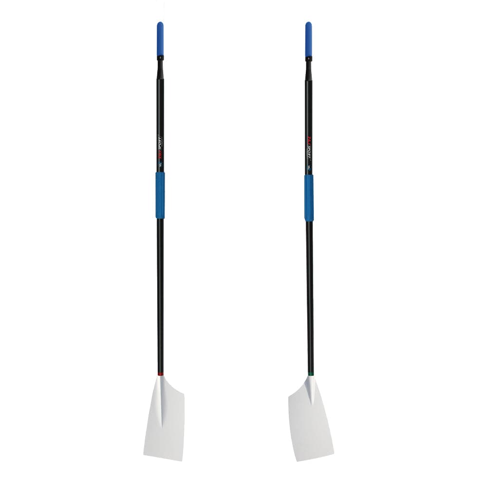 The ZJ SPORT Para-Rowing Oars with carbon oval shafts are depicted in pairs against a white background, featuring customize options with black shafts, white blades, blue grips, and colorful markings including a red mark on one oar and green on the other.