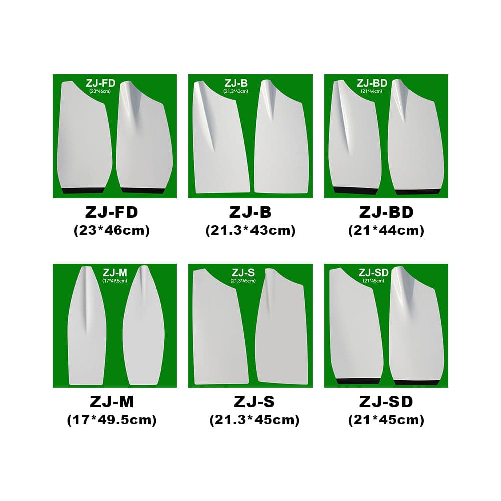 Image of five pairs of white, curved ZJ SPORT Para-Rowing Oars with Carbon Oval Shaft named ZJ-FD, ZJ-B, ZJ-BD, ZJ-M, and ZJ-SD on a green backdrop. Each pair has distinct size specifications in cm and is crafted from a new mold to enhance performance.