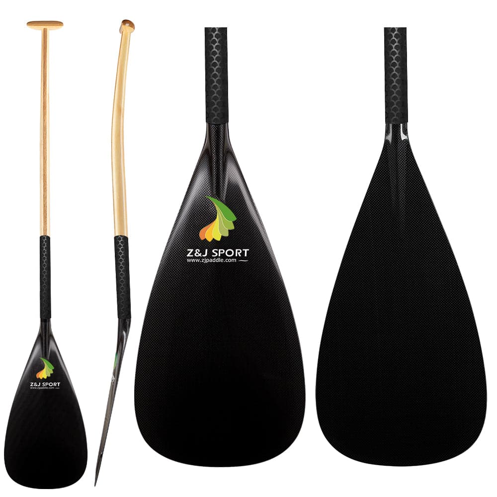 straight wood shafts, showcasing a green and orange leaf logo. The paddles, with anti-skid grips, are displayed from different angles: front, side, and back views.