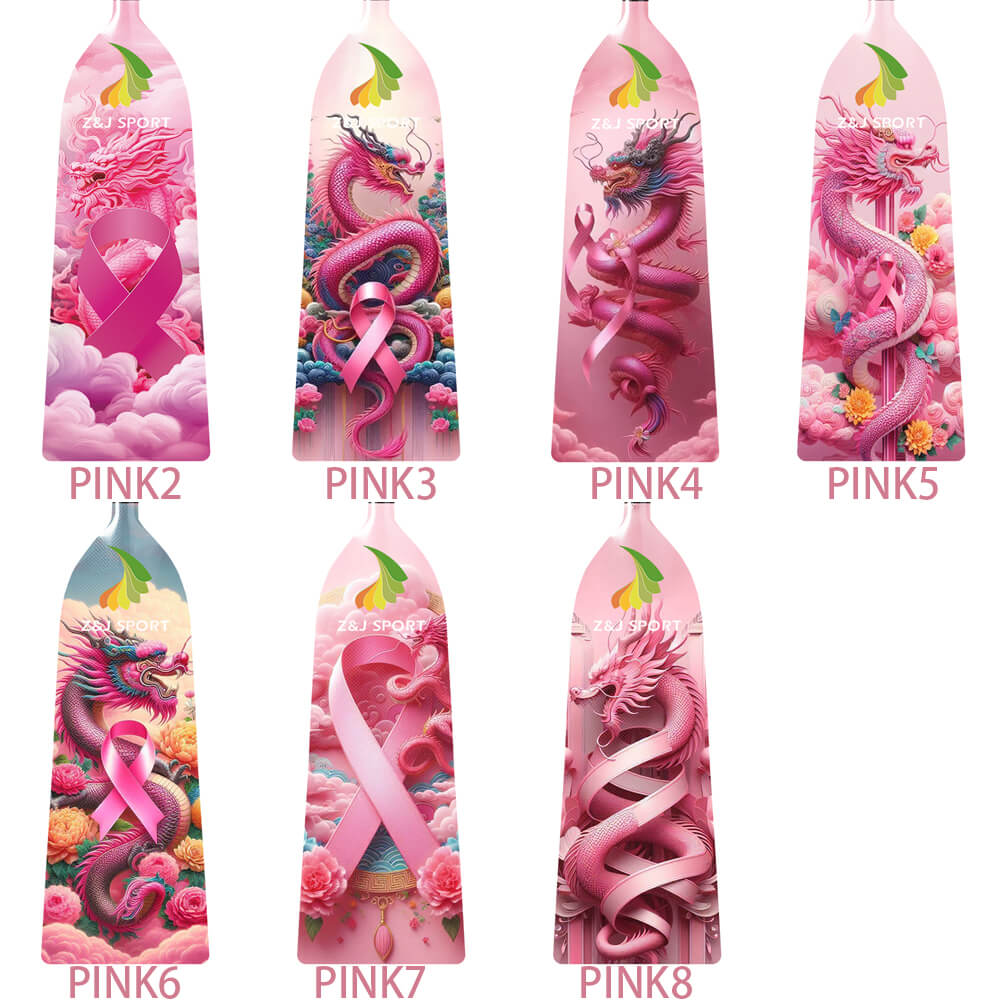Seven ZJ SPORT carbon fiber dragon boat paddles, labeled PINK2 to PINK8, feature adjustable lengths and unique dragon illustrations with breast cancer awareness ribbons and vibrant pink designs.