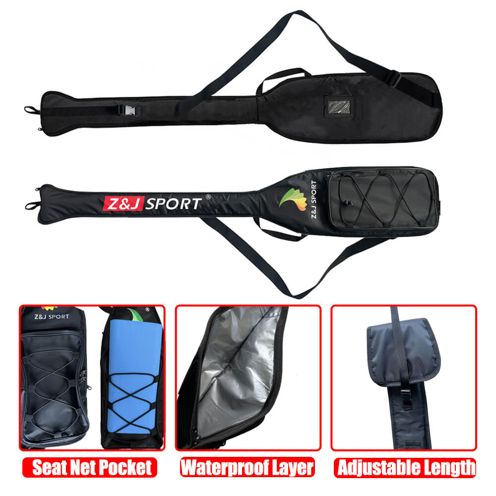Two ZJ SPORT Black Dragon Boat Paddle Bags feature sleek design and functionality: the top bag has a full-length strap, the bottom has a front pocket. Insets show features like seat net pocket, waterproof layer, and paddle protection for dragon boat paddles.
