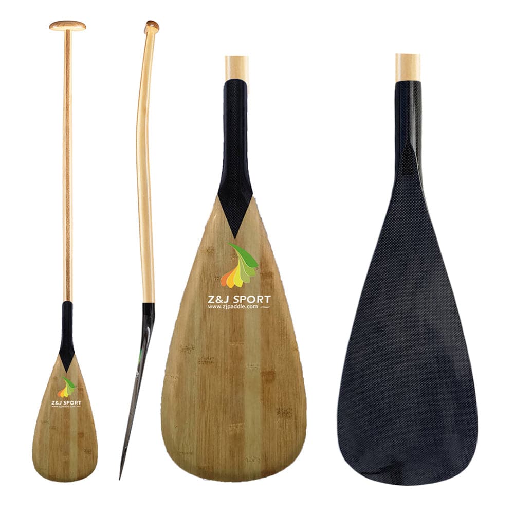 Three views of the ZJ Hybrid Outrigger Canoe Paddle With K Carbon Blade for kids feature its handcrafted wood shaft, carbon fiber blade and handle, and the ZJ SPORT logo. The image includes front, side, and close-up shots of the carbon blade.
