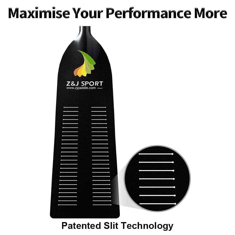  One-Piece Carbon Dragon Boat Paddle displays Maximise Your Performance More above and Patented Slit Technology below the Z&J SPORT logo. Highlighting its reinforced blade edge, numerous horizontal slits are perfect for dragon boat racing.