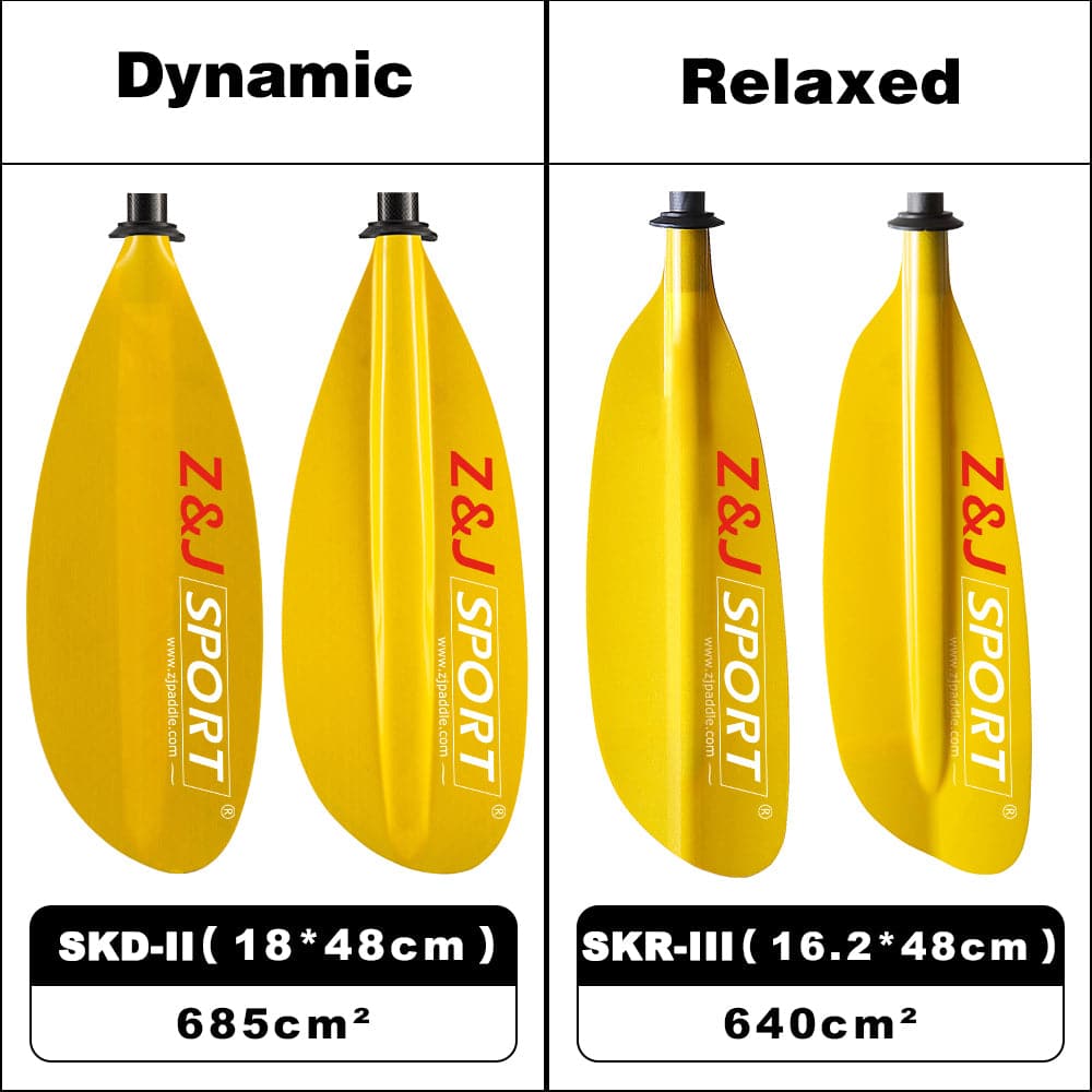 Two yellow kayak paddles are displayed. The left (Dynamic) features a fiberglass blade labeled SKD-II, 18x48 cm, 685 cm². The right, ideal as a sea kayak paddle and known as the ZJ 2-Piece Translucent Fiberglass Sea Kayak Paddle (SKR-III), is 16.2x48 cm, 640 cm². Both showcase ZJ SPORT on their carbon fibers.