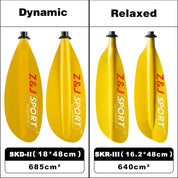 Two yellow kayak paddles are displayed. The left (Dynamic) features a fiberglass blade labeled SKD-II, 18x48 cm, 685 cm². The right, ideal as a sea kayak paddle and known as the ZJ 2-Piece Translucent Fiberglass Sea Kayak Paddle (SKR-III), is 16.2x48 cm, 640 cm². Both showcase ZJ SPORT on their carbon fibers.