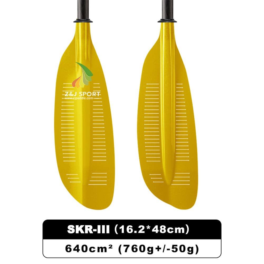 The yellow ZJ SPORT SKR-III sea kayak paddles, featuring a translucent fiberglass blade with measurement markings, are labeled 16.2*48cm, 640cm², 760g±50g and ensure durability for your adventures.