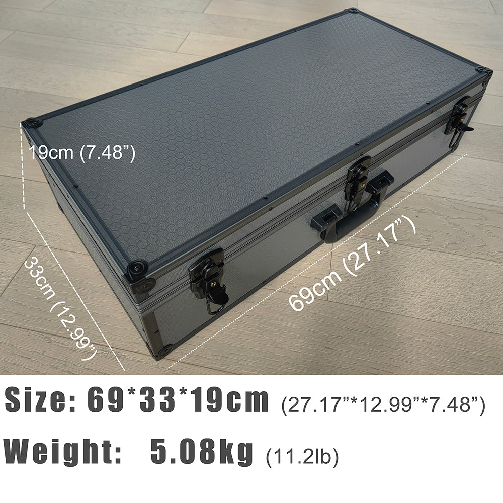 A gray metal briefcase with black latches, evocative of the durable gear with the ZJ Handcrafted Wooden Rowing Boat Model Miniatures by zijie, rests on a wooden floor. It measures 69cm x 33cm x 19cm (27.17x12.99x7.48) and weighs 5.08kg (11.2lb).