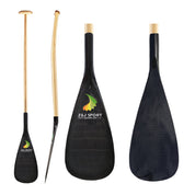 The black ZJ Hybrid Outrigger Canoe Paddle by ZJ SPORT features a handcrafted wood shaft with a colorful leaf design, showcasing Z&J SPORT on the carbon blade. The first view shows the whole paddle, the second presents a side angle, and the third highlights its carbon blade.