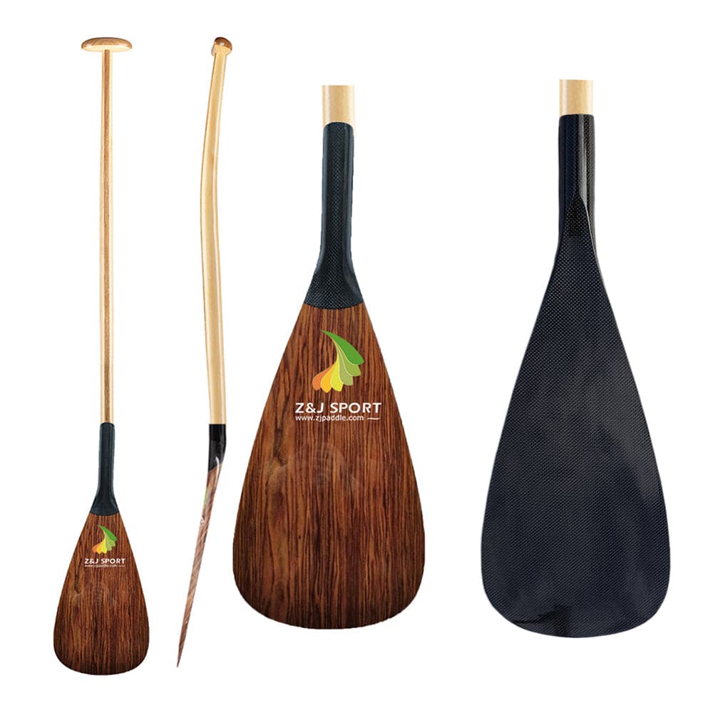 An image with three ZJ Hybrid Outrigger Canoe Paddles showcases various long-handled, wide-bladed shapes. Each paddle features the ZJ SPORT logo, displaying a green, yellow, and orange leaf on the carbon blade paired with a handcrafted wood shaft.