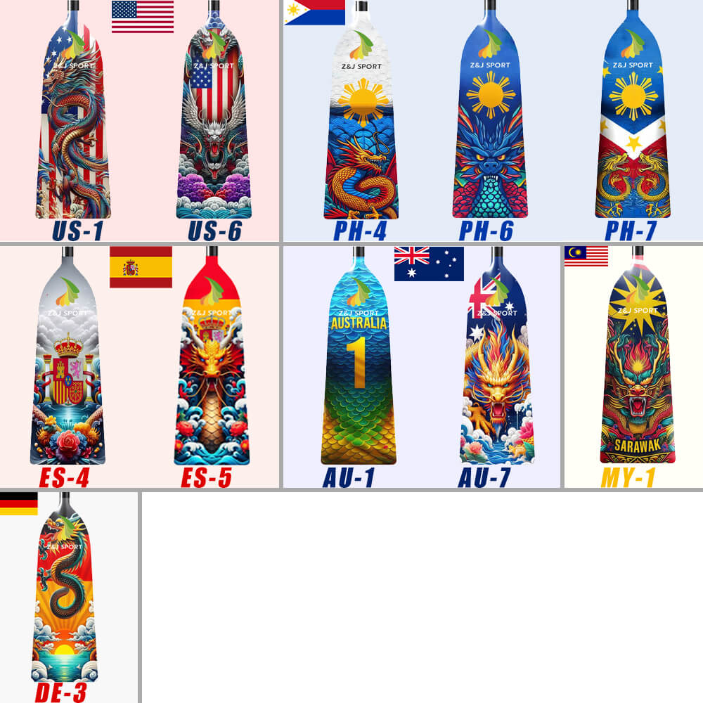 Twelve ZJ SPORT Adjustable Carbon Dragon Boat Paddles, IDBF approved, feature distinct designs for US, PH, ES, AU, MY, and DE series. Each paddle boasts adjustable lengths and unique graphics or flags.