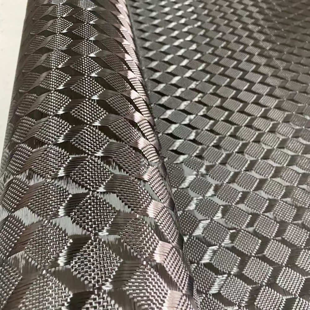 A close-up shows the ZJ SPORT New Black 3K Carbon Fiber Fabric, 1m x 5m, featuring a diamond-shaped pattern with a reflective and textured surface resembling metallic cloth, expertly packed to emphasize its sleek and modern design.