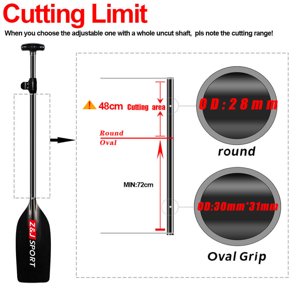 Paddle with measurement details and cutting limit information on a white background